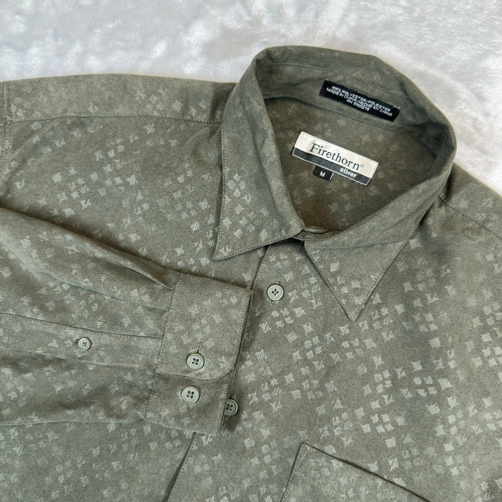 Firethorn Button Down Mens M Green Silver Geometric Faux Suede Long Sleeve Shirt
